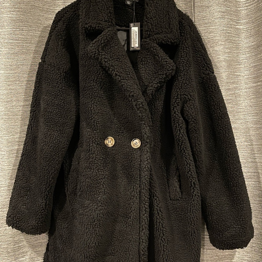 Black Teddy Jacket Plush Material Double-Breasted